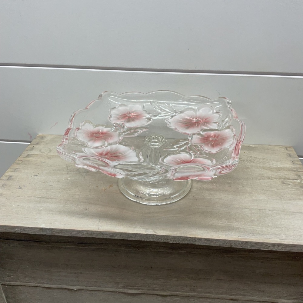 Pink Floral Glass Pedestal Cake Stand Square Scalloped 6.5 Inch Dessert Tray